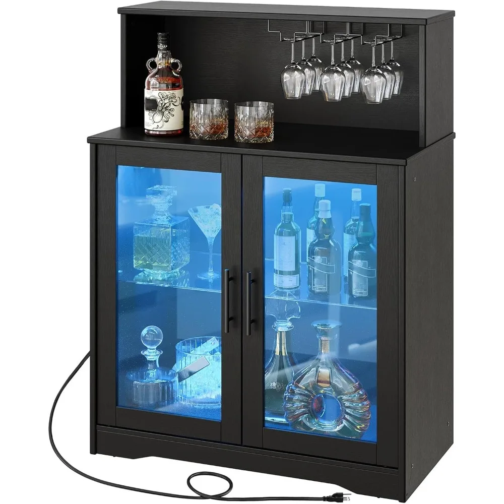 Wine Cabinet with LED Liquor Cabinet with Power Outlets, Coffee Bar Cabinet for Liquor and Glasses