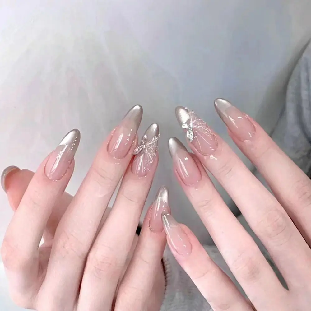 24Pcs Long Almond Stiletto Ballerina False Nails Star Butterfly Crystal Pure Color French Fake Nails DIY Detachable Nail Tips