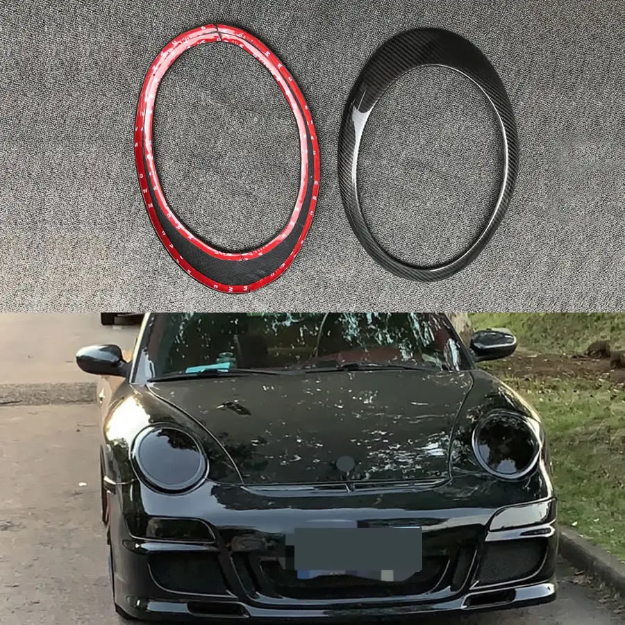 For Porsche 911 997 GT3 2005-2010 Car Eyebrow Front Lamp Frame Headlight Trim Ring Loop Stickers Carbon Fiber Pattern 1 Pair