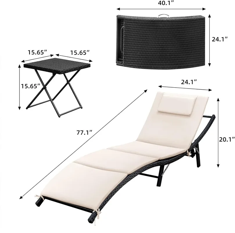 GUNJI 3 Pieces Patio Adjustable Chaise Lounge Outdoor Wicker Lounge Chairs Set of 2 with Folding Table for Poolside, Deck, Lawn