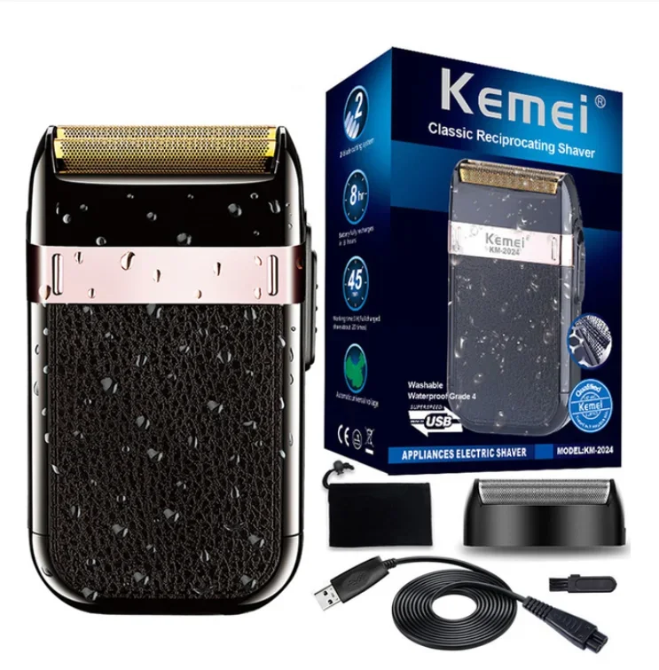 Kemei-2024 USB Charging Electric Shaver For Men Reciprocating Twin Blade Razor Shaver Waterproof Beard Trimmer Shaving Machine