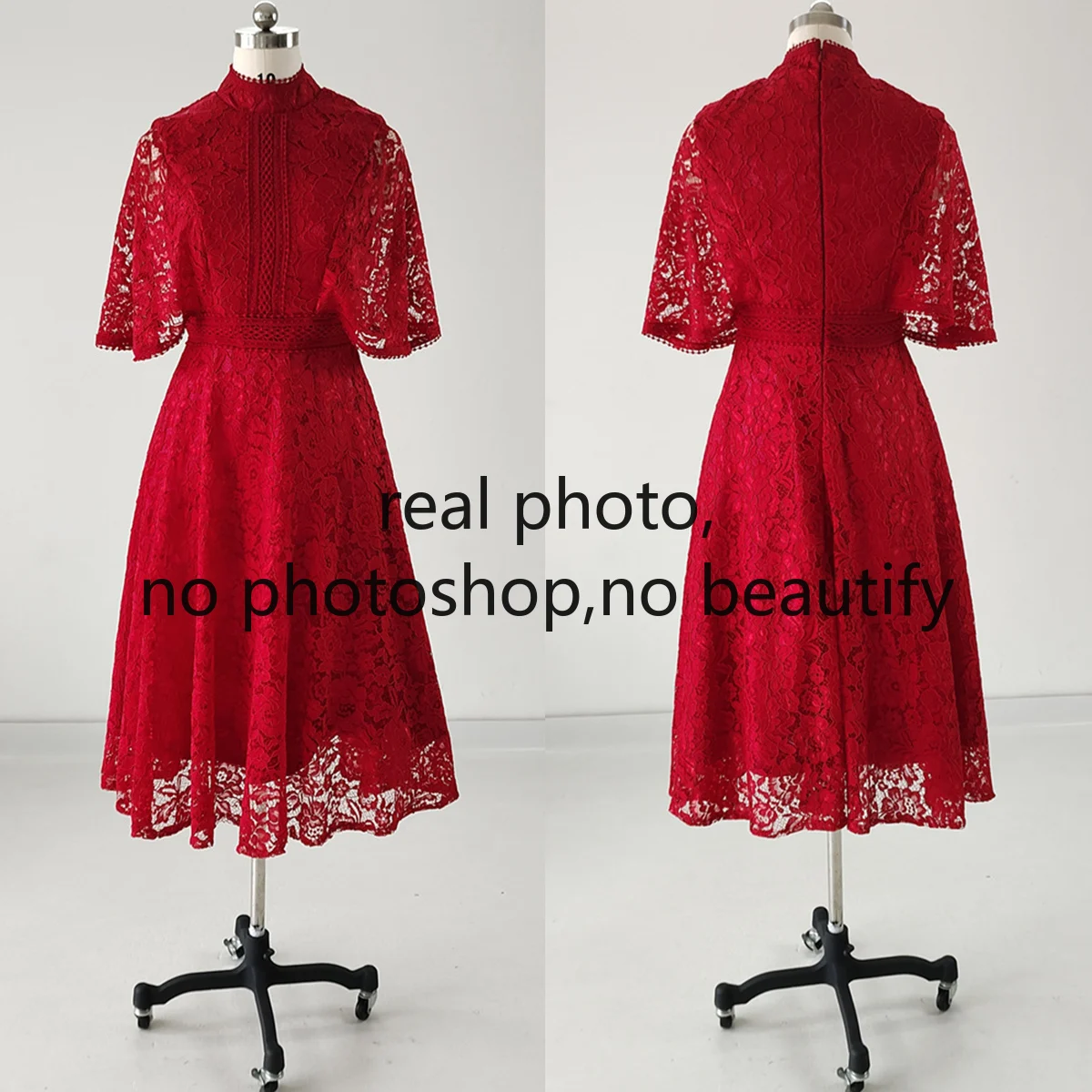 Lace Party Dresses Women Burgundy High Collar Half Sleeves Tea-length A-line Plus size New Ruffles Customized Formal Dress A071