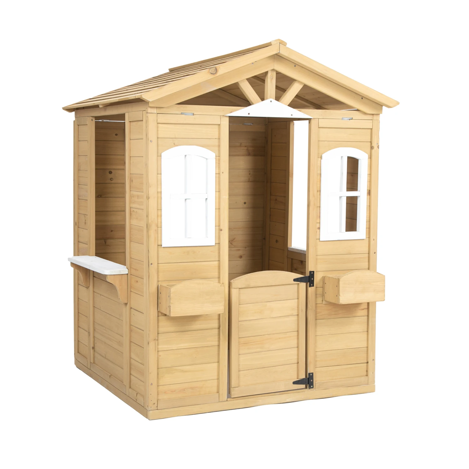 Kids Outdoor Wooden Playhouse with Working Door, Windows, Mailbox, Flowers Pot Holder