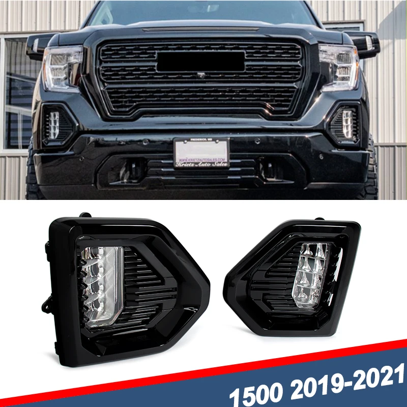 Fog Light Assembly Fit For 2019-2020 GMC Sierra 1500 Denali AT4 Chrome Glossy Black Fog Light Frame Bezels Cover with Led Lights