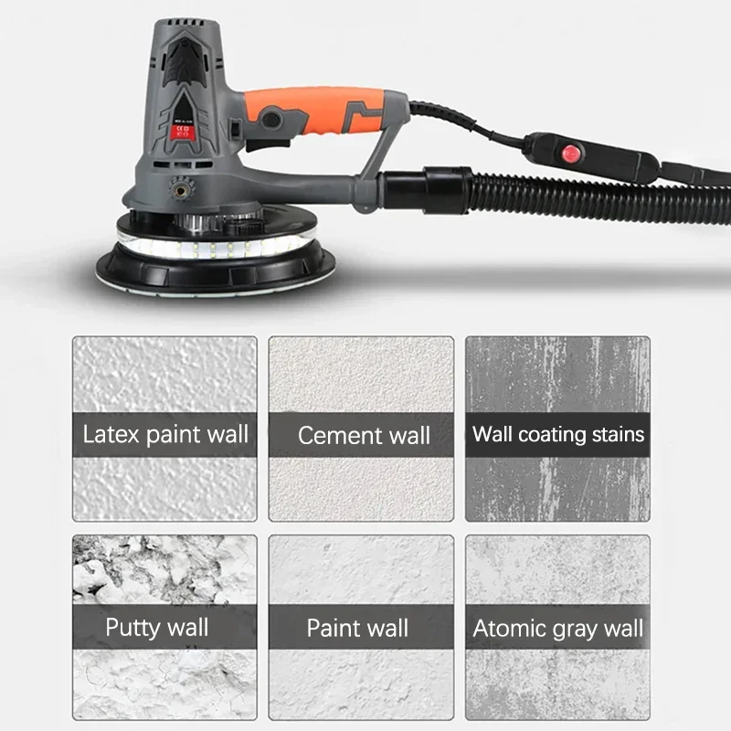 220V 1250W Wall Polishing Machine Drywall Sander Portable Led Light Wall Putty Sand Disc Handheld Electric Grinding Polisher