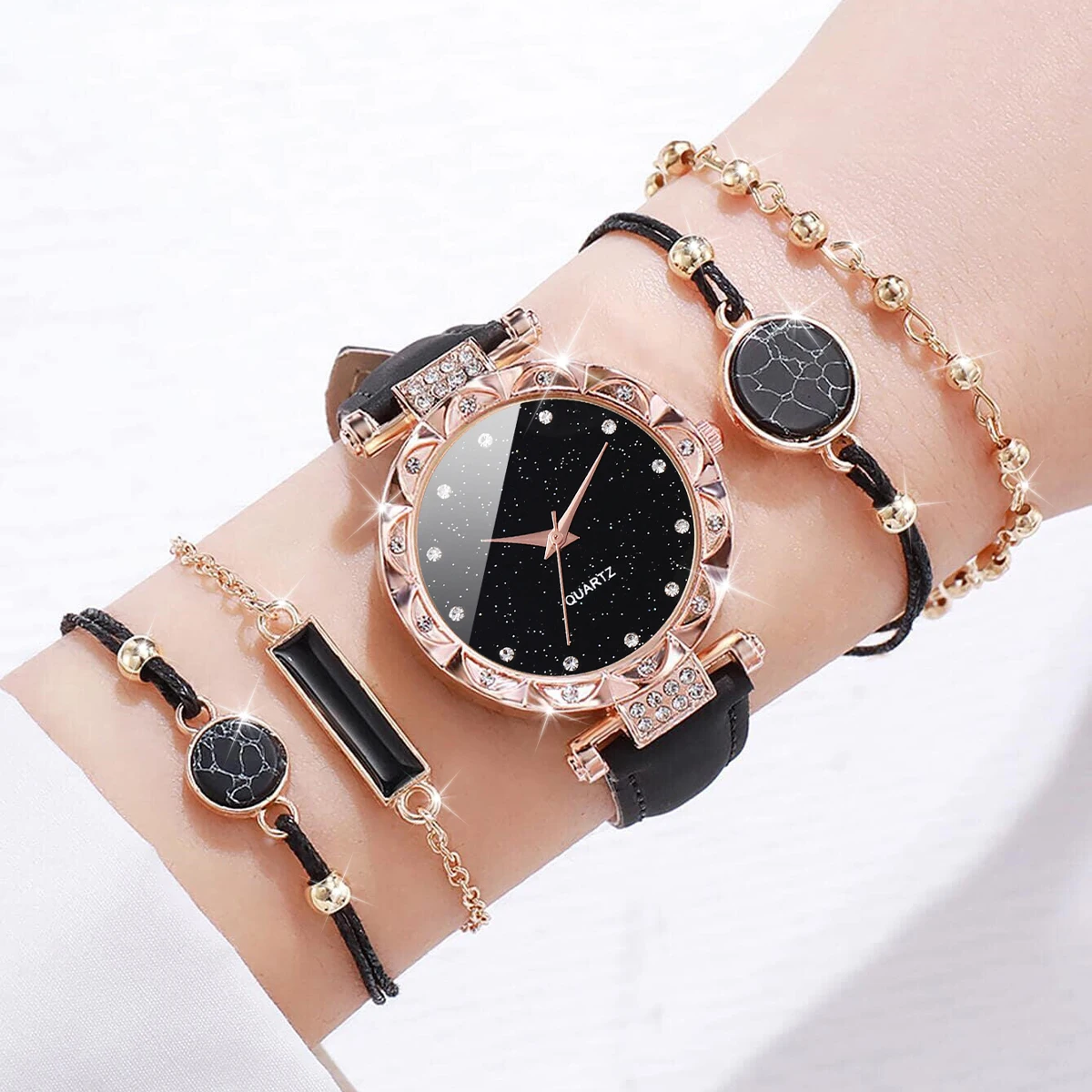 5PCs/Set Fashion Women\'s Watch Simple Leather Strap Quartz Watch With Black Turquoise Bracelet Set