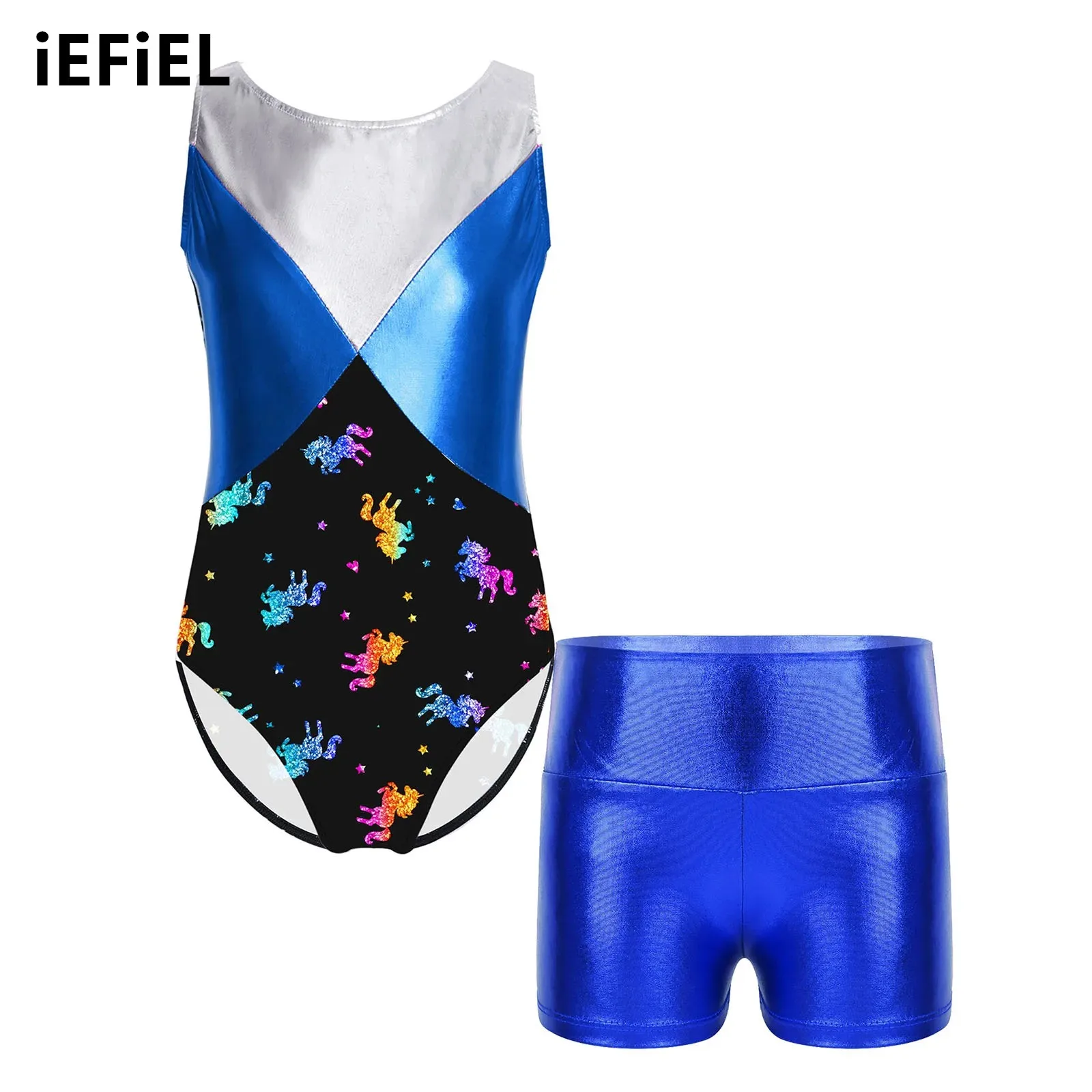 

Kids Girls Gymnastics Dance Set Sleeveless Round Neck Printed Patchwork Leotard with High Waist Shorts for Performance