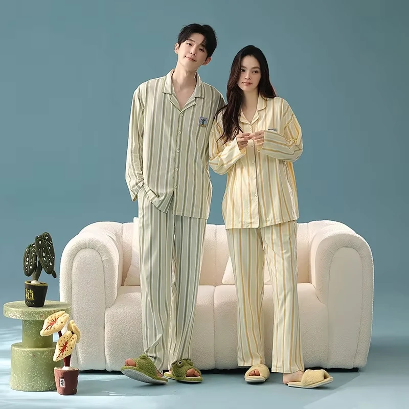 Autumn Couple Anti Bacterial 100% Pure Cotton Pajamas Set Fashion Women's High-end Long Sleeve Striped Sleep & Lounge Home Suit