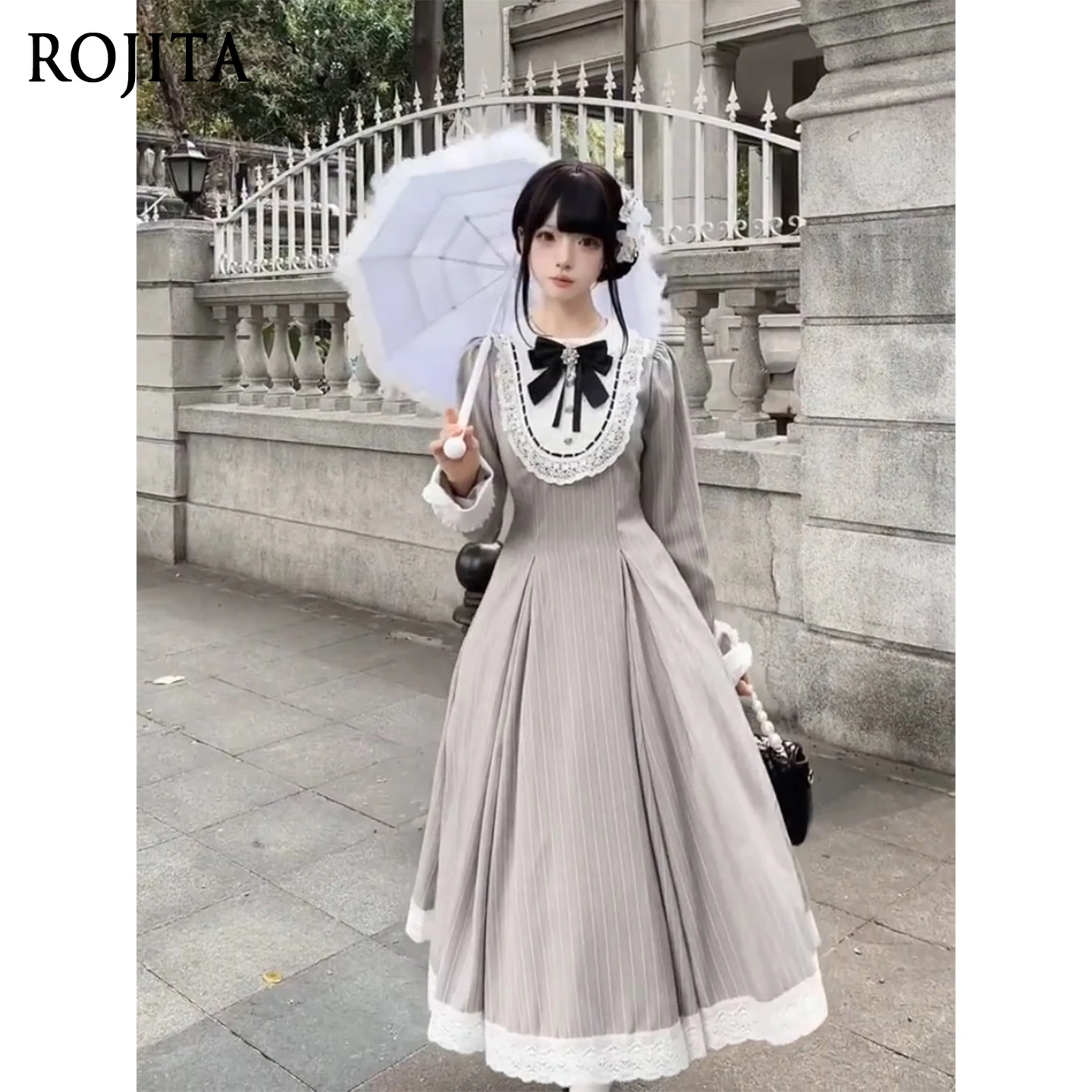 

Graceful Cute Doll Collar High Waist Long Sleeve Dress Spring Autumn Waist Cinching Color Block Lace Patchwork Lolita Long Dress