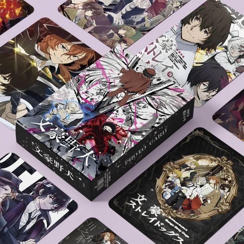 55 sztuk/zestaw Bungo bezpańskie psy Dazai Osamu Nakajima Atsushi w pudełku dwustronna laserowa karta Lomo kolekcja anime peryferyjna karta do gry