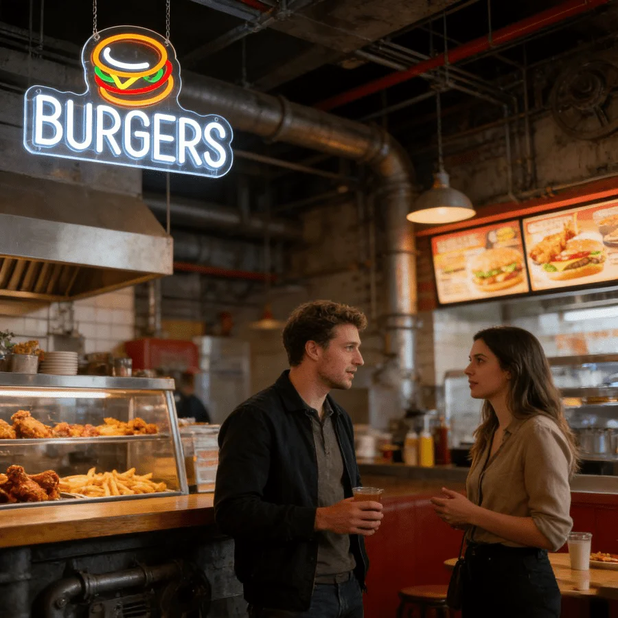 Burgers Colorful LED Neon Light Sign USB Dimmable for Diner Wall Decor Restaurant Cafe Kitchen Fast Food Shop Neon Sign Gift