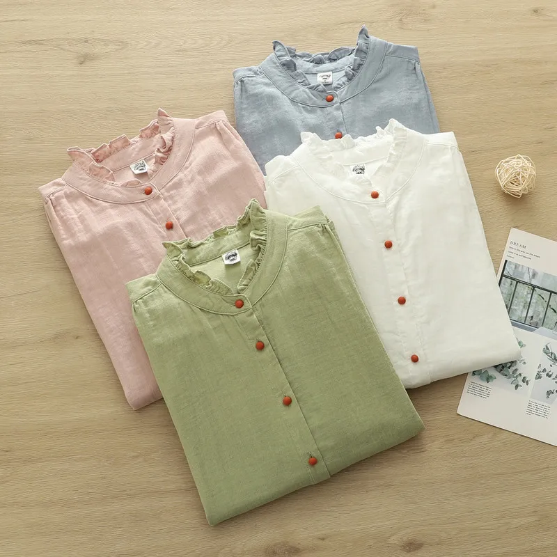 

Женская рубашка с длинным рукавом в японском стиле, рубашки из хлопковой пряжи, одежда в стиле мори-кей, базовые рубашки из 100% хлопковой пряжи, женские топы