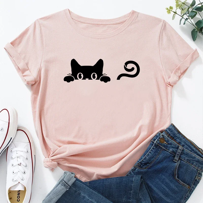

2025 самая популярная женская футболка с милым котом, высококачественные футболки с круглым вырезом, повседневные повседневные модные футболки для девочек