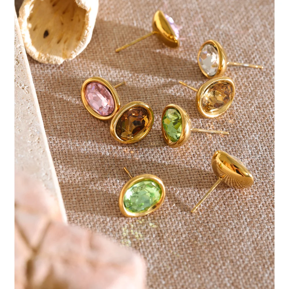 Yhpup Stainless Steel Crystal Round Stud Earrings 18K Gold Color PVD Plated Multi Color Casting Shiny Jewelry