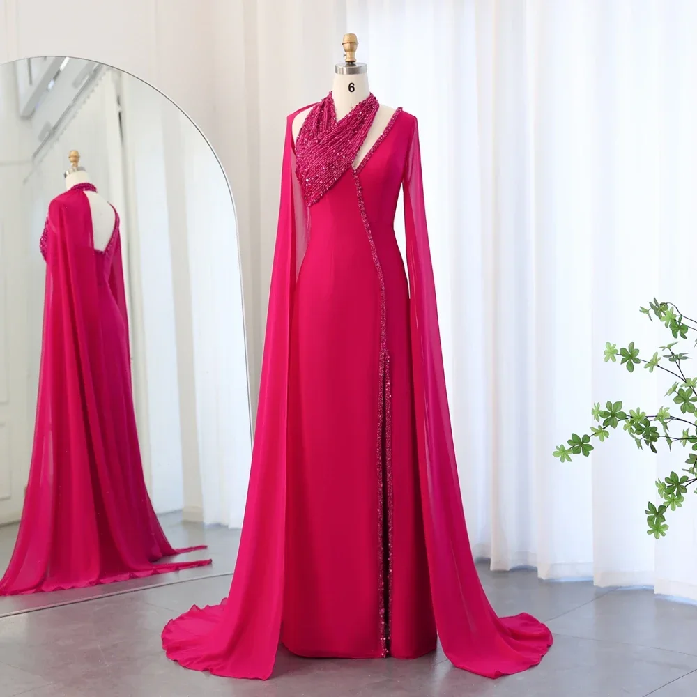 Evening Dresses with Cape Sleeves Fashion Halter Beads Sequined Side Slit A-Line Prom Gowns Elegant Wedding Party Dresses