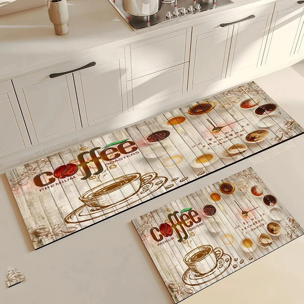 VIKAMA 1/2 قطعة سجادة مطبخ ذات تأثير خشبي، سجادة مطبخ مطبوعة على القهوة ماصة للماء وغير قابلة للانزلاق، صينية تنقيط لآلة القهوة ديكور المنزل #5
