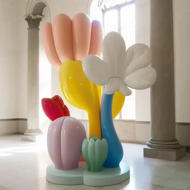 Customized commercial glass fiber sculpture colorful large outdoor flower resin sculpture shopping mall indoor plant model