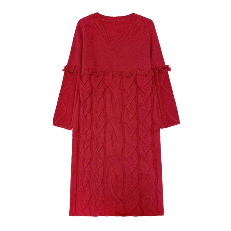 HKSH Herbst Winter Neue Frauen Lange Pullover Kleid V-ausschnitt Quaste Einfarbig Elegante Trend Casual Übergroßen Gestrickte Kleider HK16178