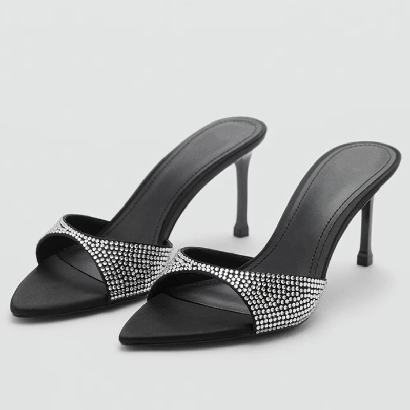 

Shiny Rhinestone Luxury Fine Heels Slippers Women 2026 New Open Toe Brand Sandals Female Outdoor Sexy Designer Heels for Women