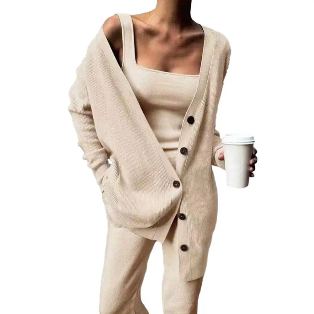 

Women Knitted Outfit Three-piece Tank Top Cardigan Pants Set Solid Long Sleeves Knitted Suit Spring Outerwear Vest Pants Set