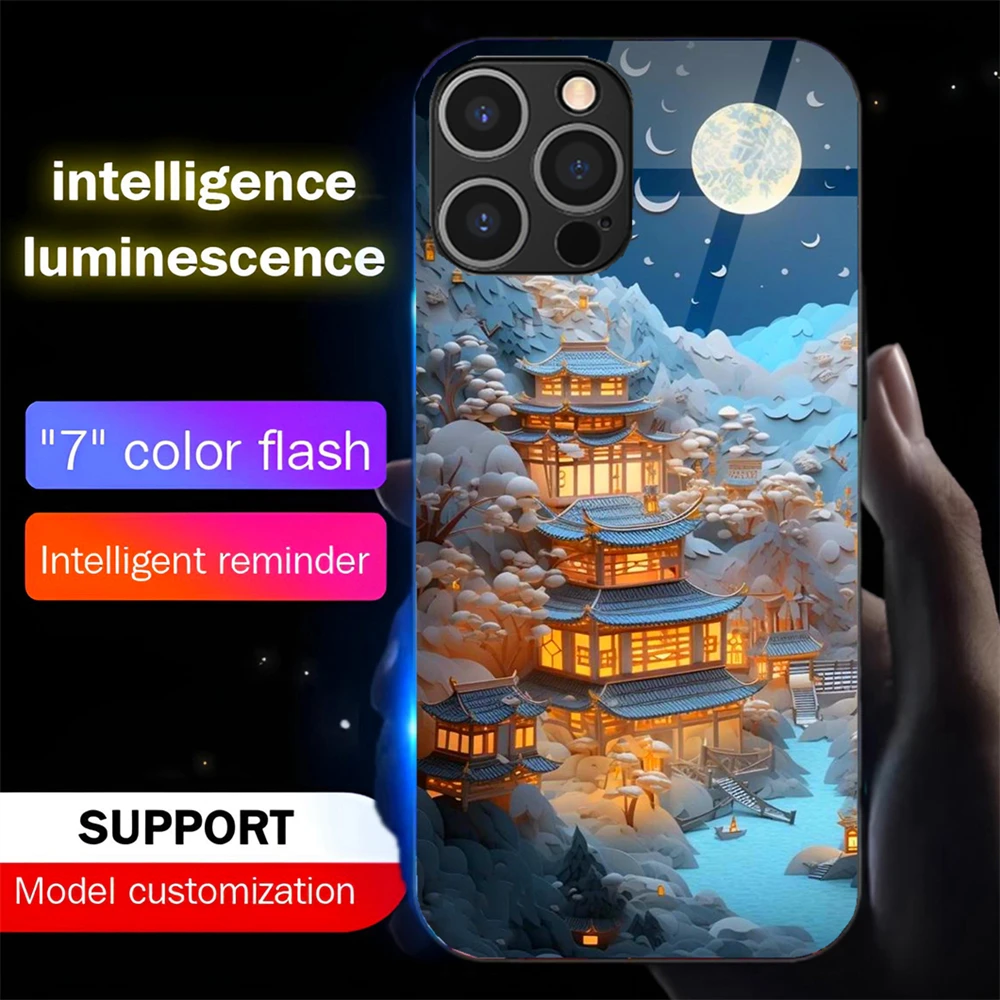 

Wonderland Landscape LED Calling Light Flash Phone Case Smart Luminous Cover For iPhone 16 E 15 14 13 12 11 Pro Max XS XR Plus
