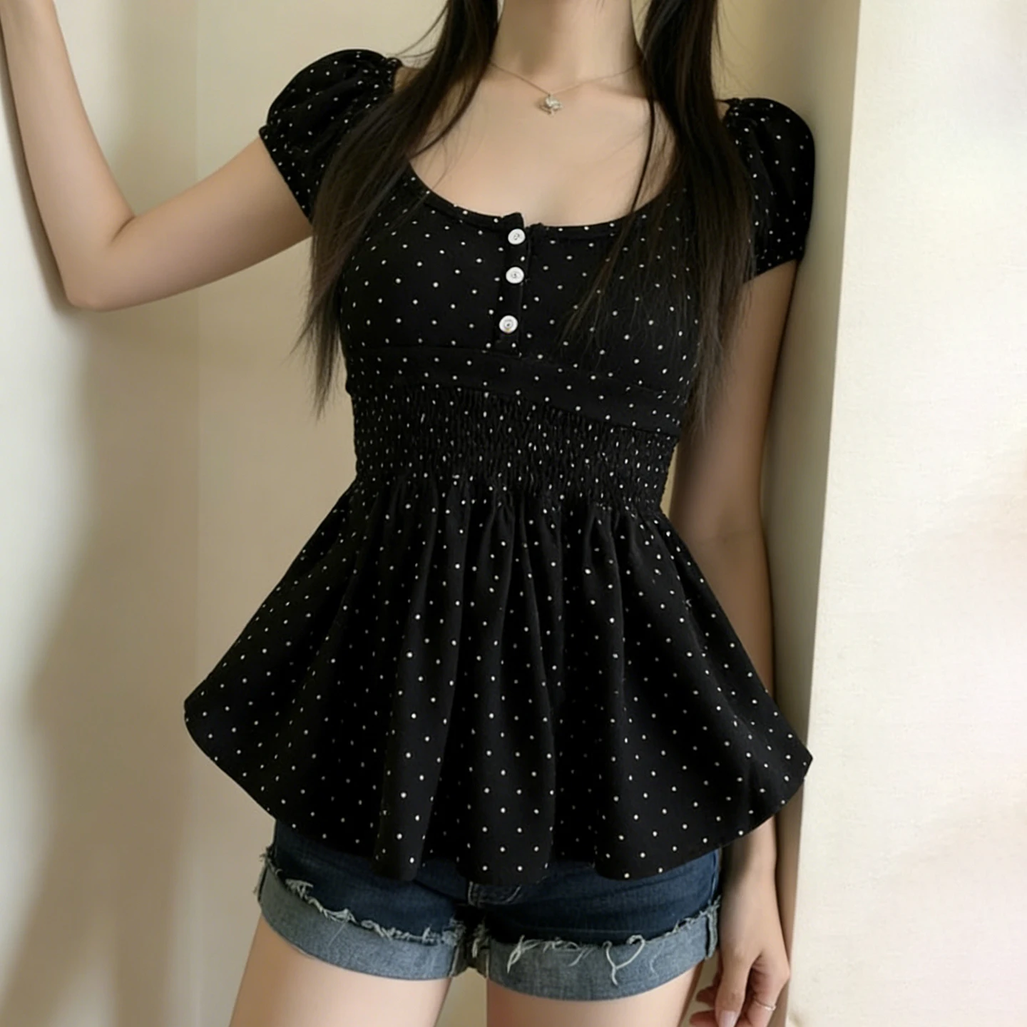 [RUOKE] Sweet Casual Polka Dot Babydoll Blouse For Girls Y2K Puff Sleeve Smocked Waist A-line Top Spring Summer Preppy Style Tee