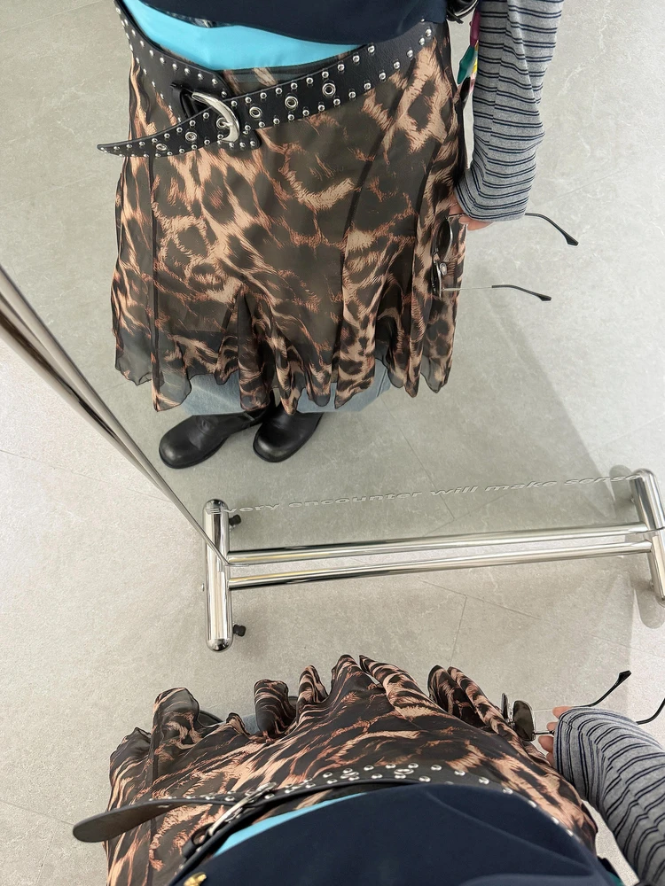Retro American Hot Girl Leopard Print Halter Neck  Dress Women's Spring Autumn New Style Versatile Silk Feeling Wave Skirt