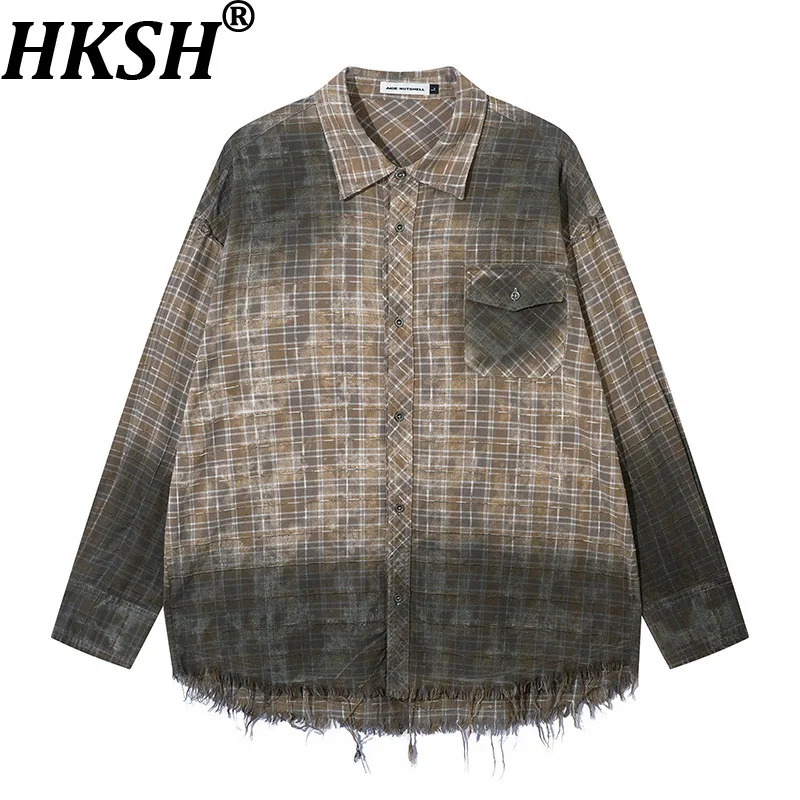 

HKSH Spring Autumn New Man Tide Niche Gradient Color Plaid Shirt Women Ins Retro Frayed Edge Design Shirts Top Chic Ins HK11122