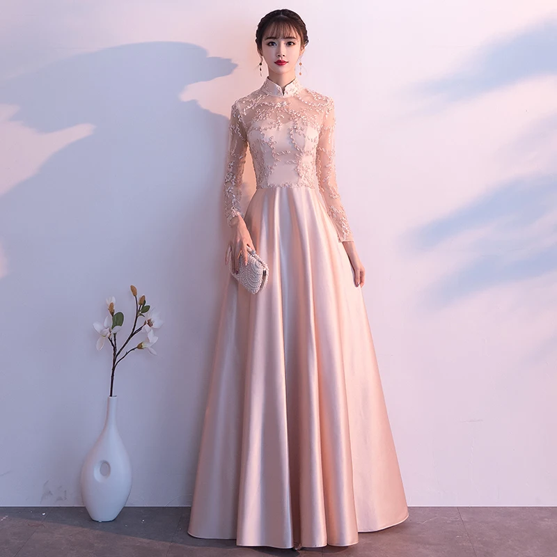 

Ele Chinese Sle Satin Long Evening Dr Women's New Winter Faion Ball Gown Svel Midi Dr for Wedding And Per...