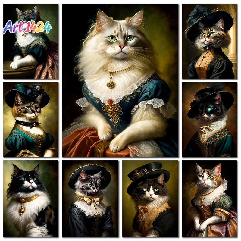 Renaissance European Aristocrat Black Cat White Cat Drink Beer Elegant Animals Poster Canvas Print Wall Art For Room Home Decor
