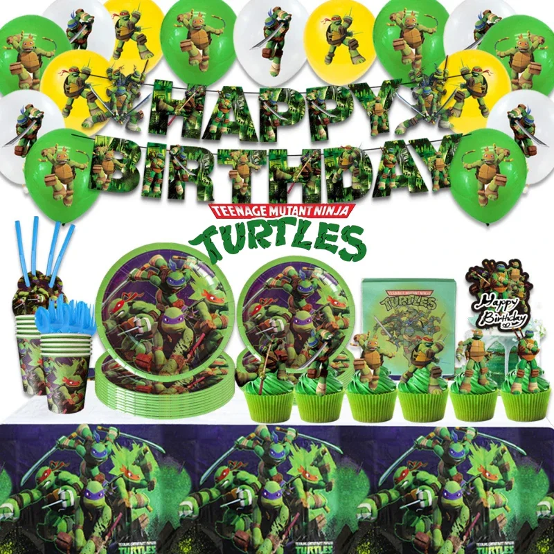 Teenage Mutant Anime Ninja Turtles Baby Shower Green Balloon Paper Plates Cups Banner Boy Birthday Decor Kids Party Supplies