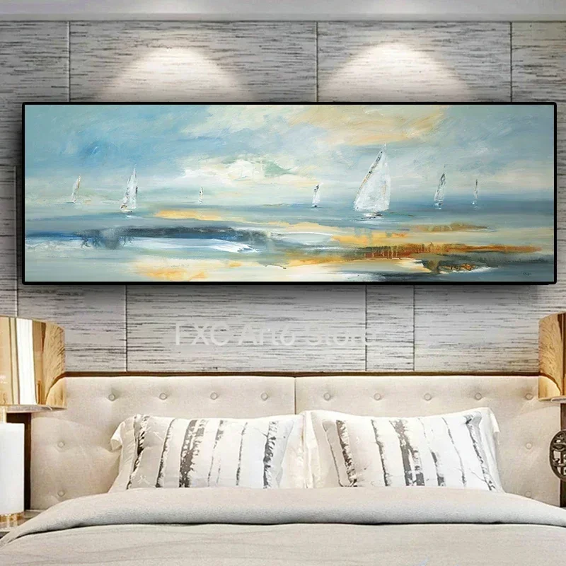 1PC frameless Scandinavian Minimalist Aesthetic Wall Art Nature Abstract Boat Landscape Oil Painting Posters Home Bedroom Living