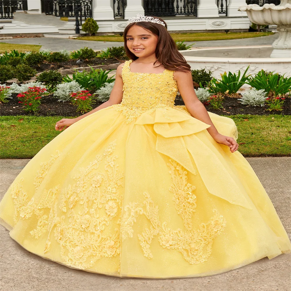 

2024 Yellow Photo Flower Girl Dress Sparkling Fluffy Junior Bridesmaid Gown Birthday Dress Sacrament Custom Banquet Celebration