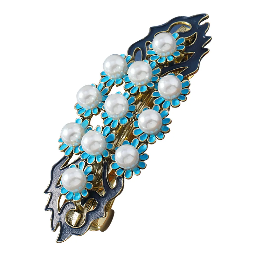 Chinese Retro Hairpin Delicate Floral Design with Realistic Pearls Spring Clip Hair Accessory for Wedding Ceremony Outfit