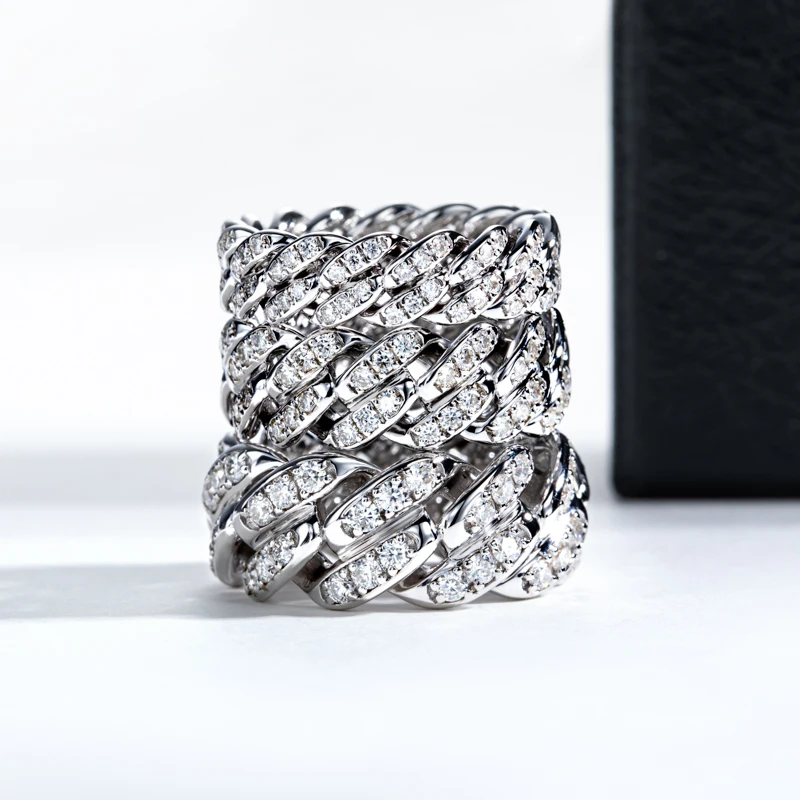 MossanRappr 1.2/1.5/2.0mm Moissanite Iced Out Cuban Rings for Men Women 925 Sterling Silver Luxury Rock Hip Hop Jewelry Gifts