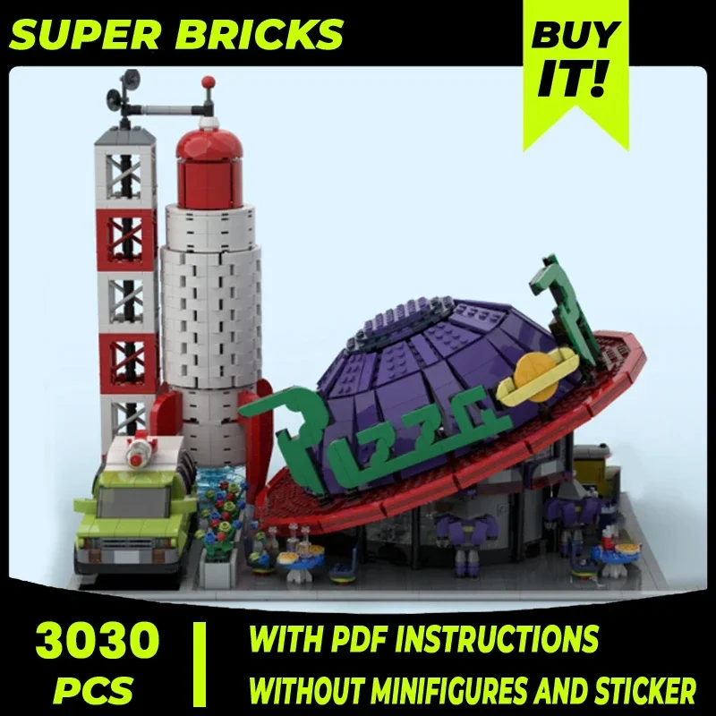 

Moc Building Blocks Street View Model Pizza Planet Store 1038 Technical Bricks DIY Assembly Famous Toys For Child Holiday Gifts