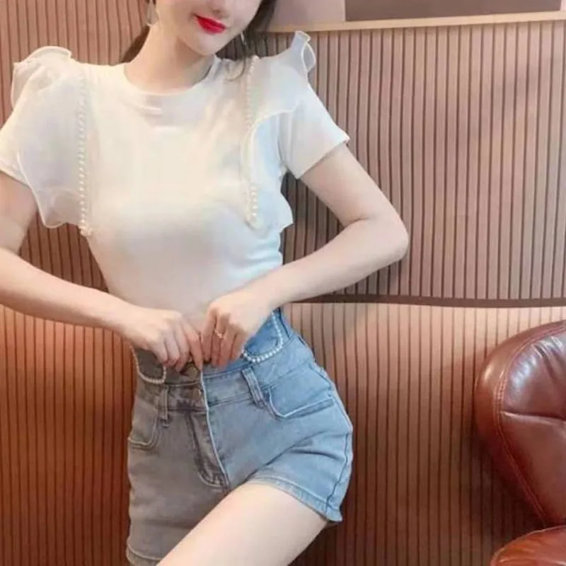 2024 Summer New Women's Crew Neck Spliced Ruffles Beading High Street Fashion Sweet Slim Short Sleeve Ventilate T-shirt Tops