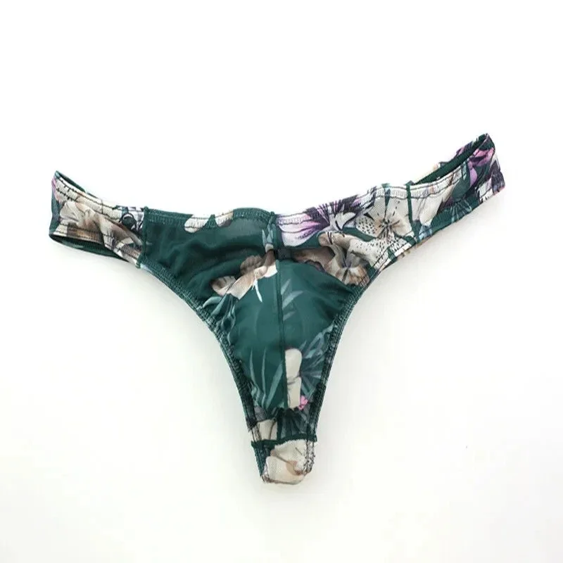 Man's Floral Low Waist Sexy Slit FIT T-Briefs T Back Man G String Briefs Transparent Underpants Breathable Thong BF Gift