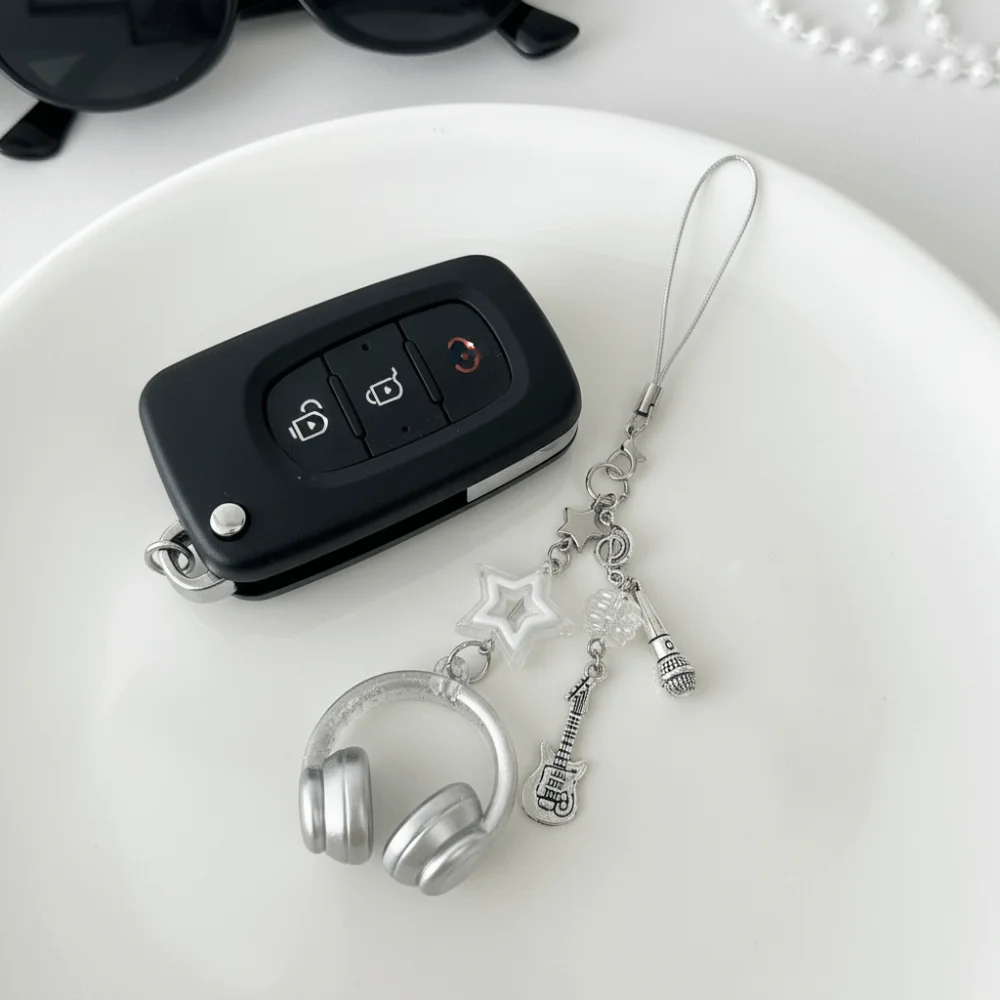 Star Guitar Microphone Pendant Glitter Earphone-shaped Keychain Bag Decor Bag Hanging Gifts Phone Chain Lanyard Y2K