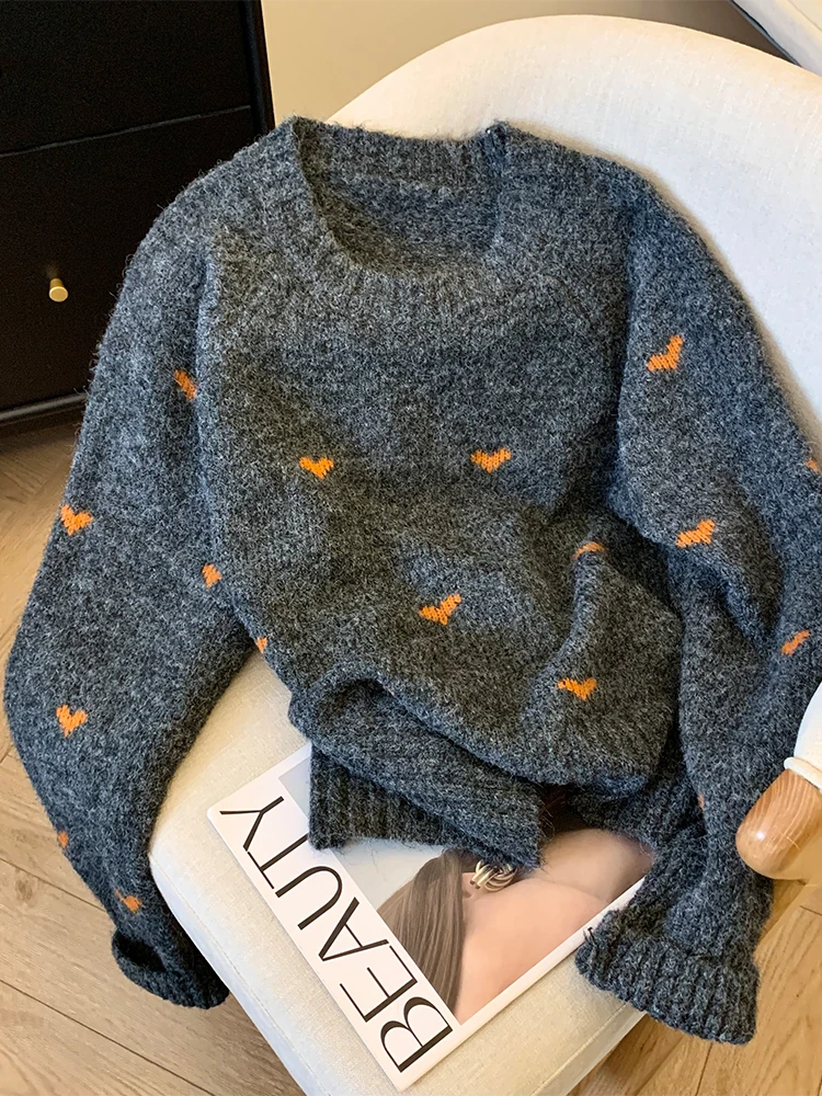 Women Apricot Sweater Harajuku Y2k Long Sleeves O-Neck Knitted Cashmere Sweaters 90s Aesthetic Vintage 2000s Clothes Autumn 2024