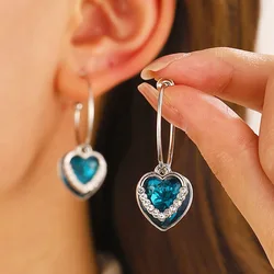 Vintage Fashion Blue Crystal Heart Drop Earrings For Women Jewelry 2026 Trending New Luxury Ocean Heart Zircon Earrings Brincos