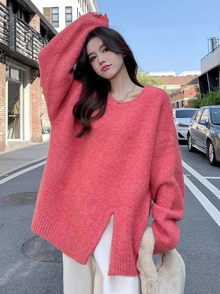 

Pink Knitted Sweater Women's Loose Casual Open Split Lazy Sle Soft Cozy Ladies' Knitwear Autumn Winter New Arrival