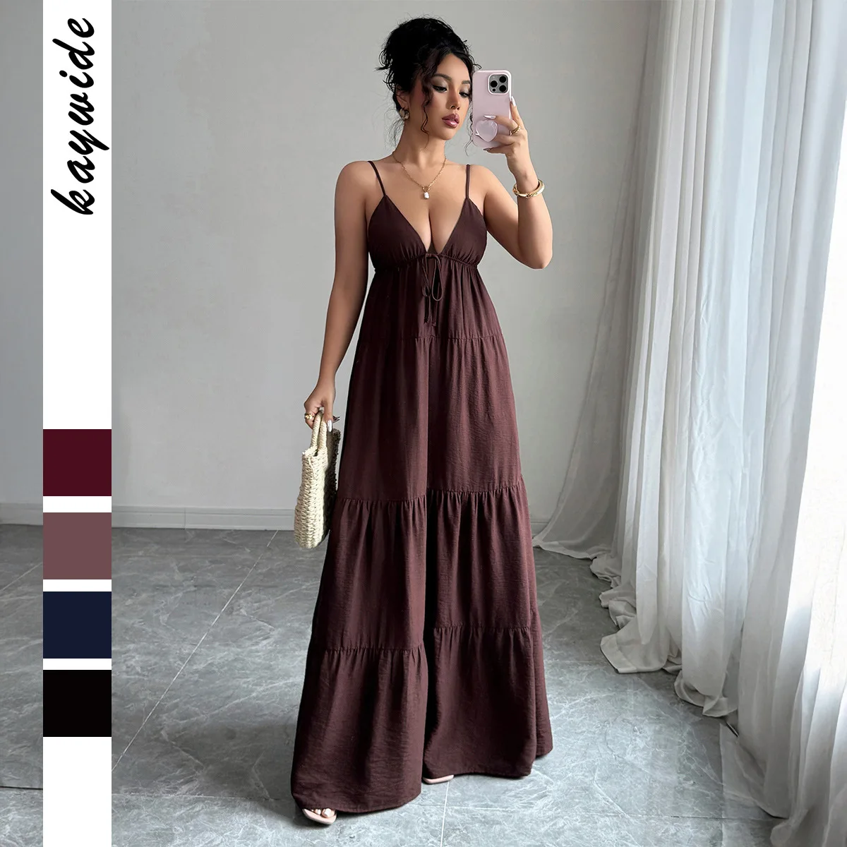 

2026 New Spring Summer Women's Elegant Spaghetti Strap Maxi Dress V Neck Tie Front Tiered Flowy Long Dress