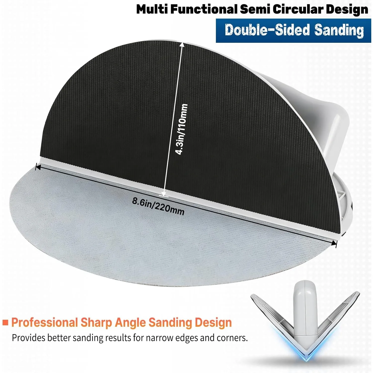 9' Drywall Corner Sander, Hook & Loop, Semi-Circular, 12 Discs (80-240 Grit), for Corners & Walls.