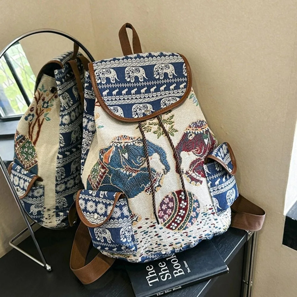 Fashion Ethnic Style Embroidery Knapsack Casual Canvas Animal Drawstring Backbag Jacquard Elephant Owl Bucket Back Bag Beach