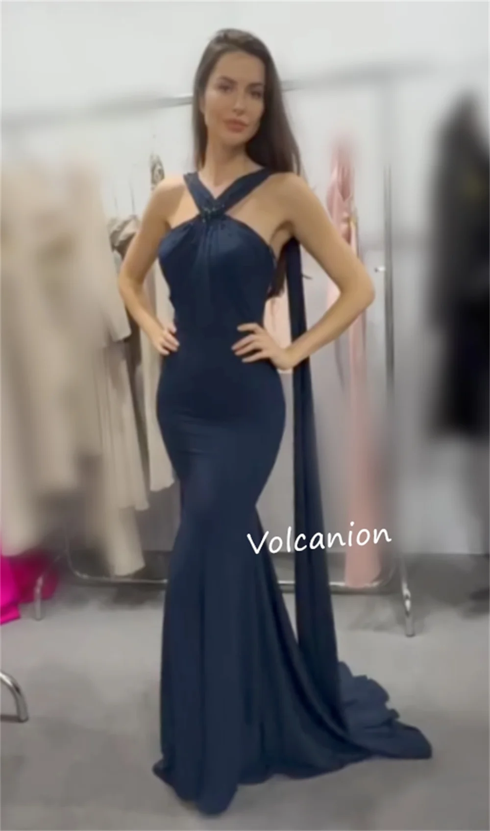 Customized Jersey Pleat Beading Trumpet Halter Long Dresses Bespoke Occasion Party Elegant Classic Matching