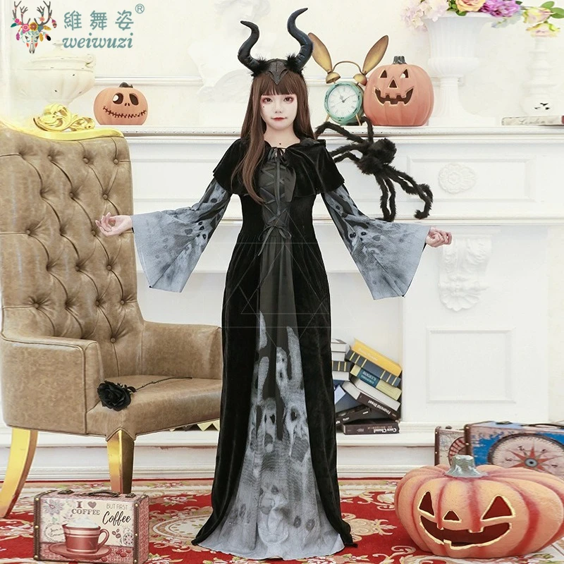 

Halloween Costume Gothic Skull Print Dresses Cosplay Costume Black Magic Witch Evil Vampiress Gown Stage Clothing Party Fancy