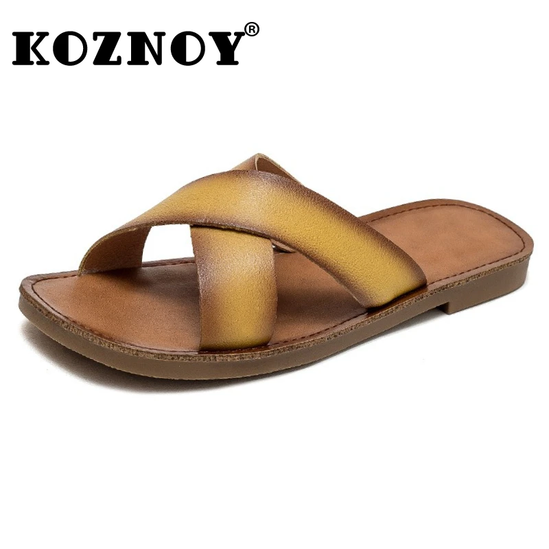 

Koznoy 1.5cm Natural Cow Genuine Leather Wedge Sandals Summer Flats Peep Toe Fashion Women Slippers Platform Oxfords Shoes