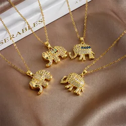 Stainless Steel Chain Classic Shiny Zircon Cute Elephant Pendant Necklace for Women Lady Vintage Jewelry Accessories Gifts