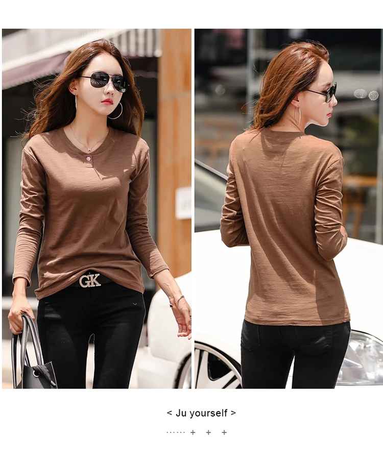 2026 Langarm Frühling Damen Slub-Baumwoll-T-Shirts mit Knöpfen, grüner V-Ausschnitt, einfarbiges T-Shirt, kaffeefarben, koreanische weiche, lockere Oberteile – Detail 14